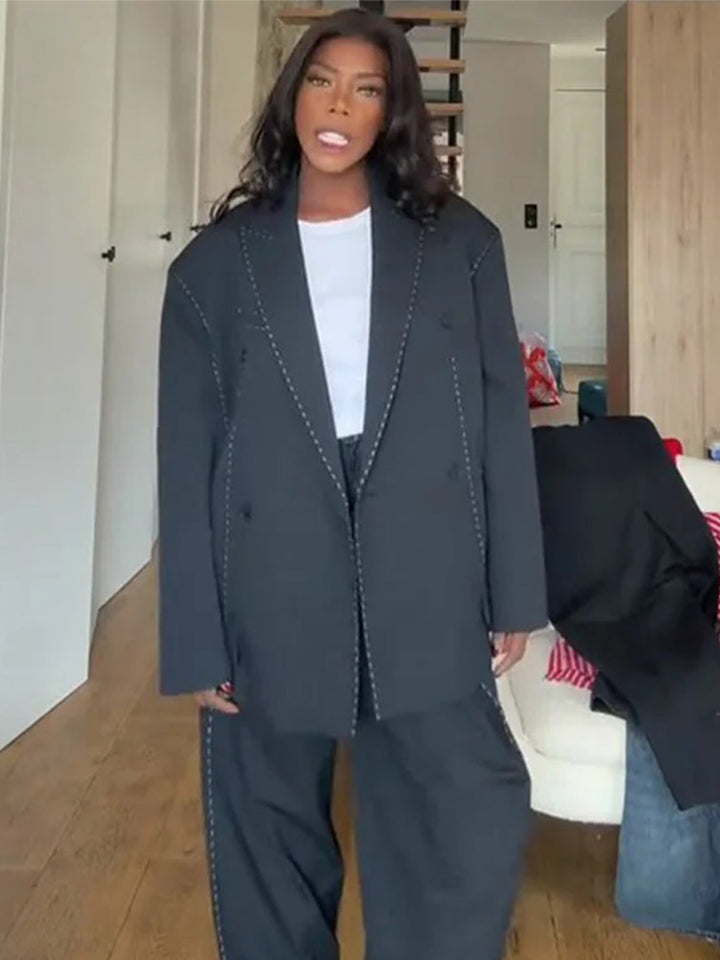 Women Oversized Two-Piece Boxy Blazer and Wide Pleated Trousers with Decorative Stitching Amarae