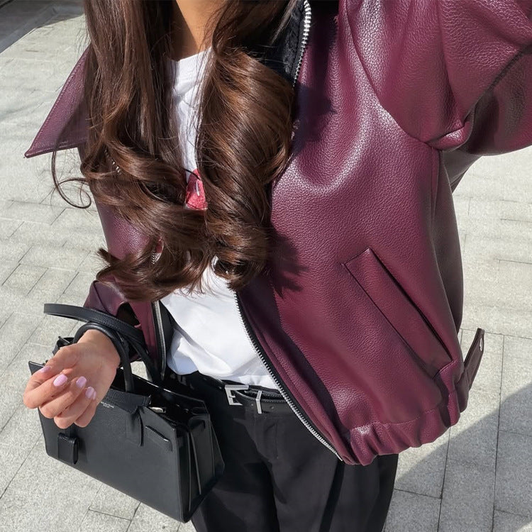 Women Boxy Faux Leather Jacket with Full Zip, Shirt Collar and Light Cropped Cut Amarae