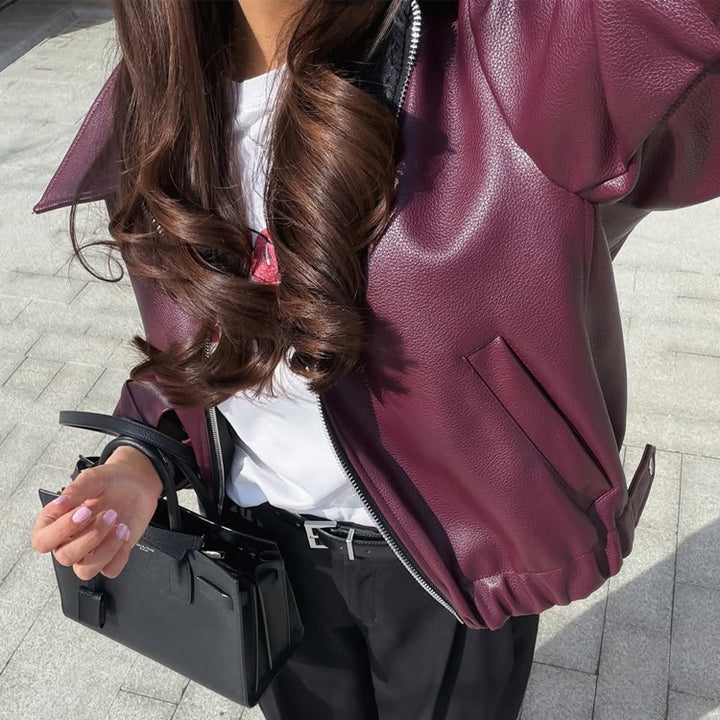 Women Boxy Faux Leather Jacket with Full Zip, Shirt Collar and Light Cropped Cut Amarae