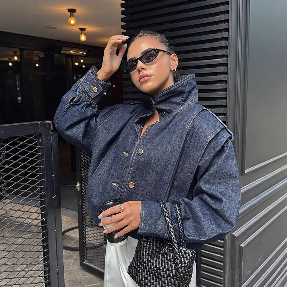Women Oversize Denim Jacket with High Stand-Up Collar, Snap Button Placket and Shoulder Detail Amarae