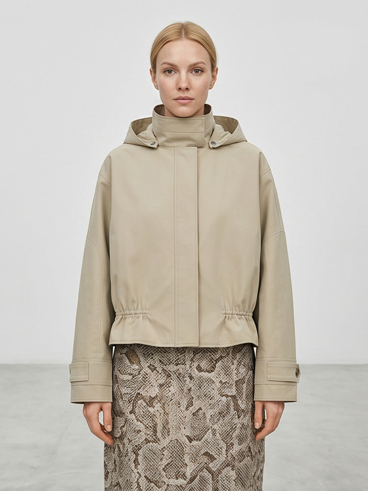 Women Short Vegan Leather Jacket with Hood, Concealed Snap Button Placket and Drawstring Hem Amarae