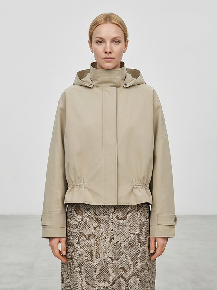 Women Short Vegan Leather Jacket with Hood, Concealed Snap Button Placket and Drawstring Hem Amarae