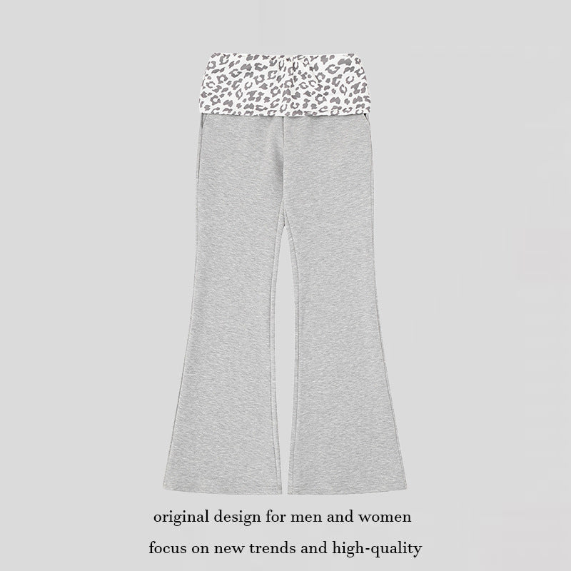 Women's Wide Jersey Lounge Pants with Flared Hem and Turned-Down Leopard Waistband Amarae