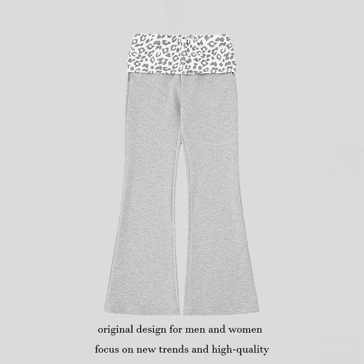 Women's Wide Jersey Lounge Pants with Flared Hem and Turned-Down Leopard Waistband Amarae