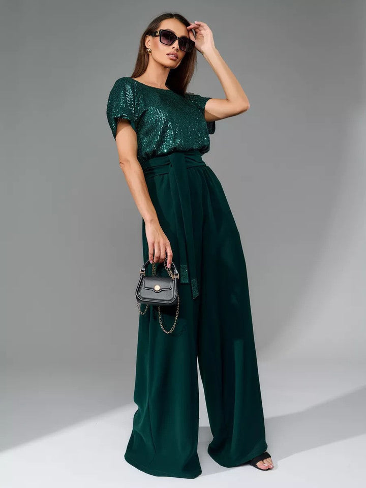 Women's Glittering Jumpsuit with Wide Leg and Waist Belt Lune London