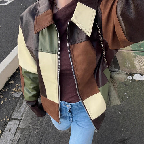 Women's Patchwork Leather Jacket with Zipper and Oversized Boxy Cut Amarae