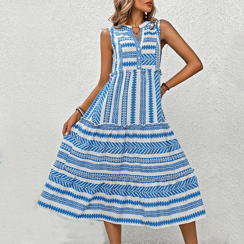 Elegant sleeveless mid-length dress for women with geometric print and button details Amarae
