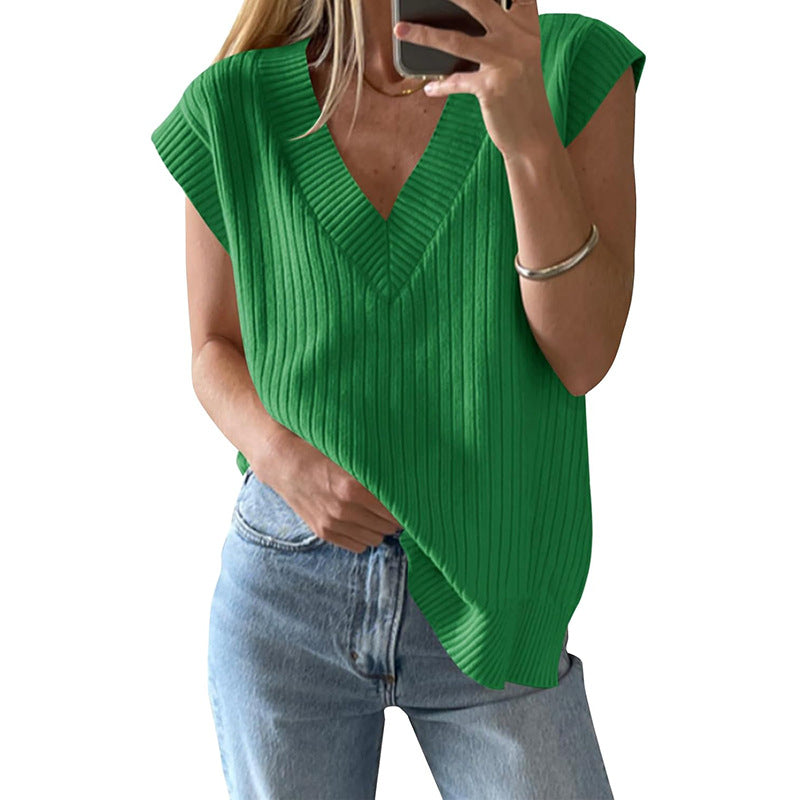 Women's Casual V-Neck Top Made of Ribbed Knit Material Lune London