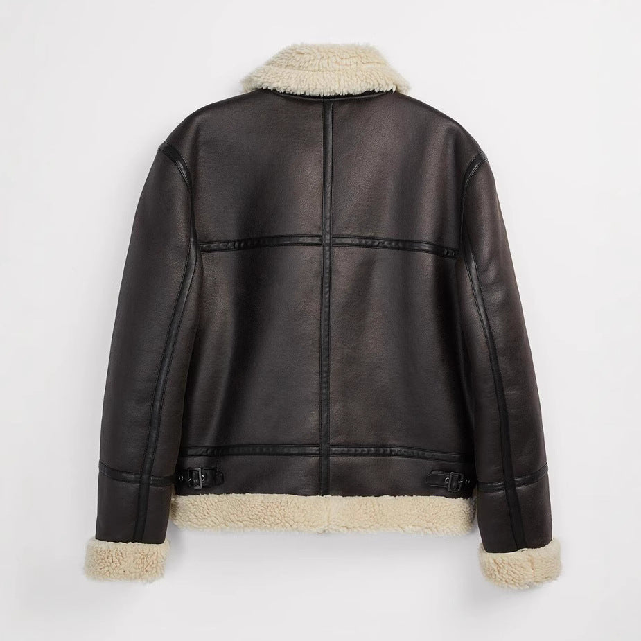 Men's short jacket made of artificial leather with teddy lining and lapel collar Amarae