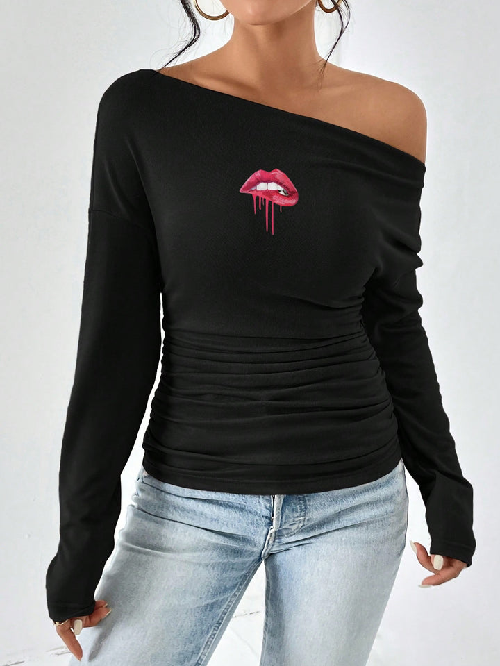 Fitted long sleeve t-shirt for women with asymmetric neckline and ruching Lune London