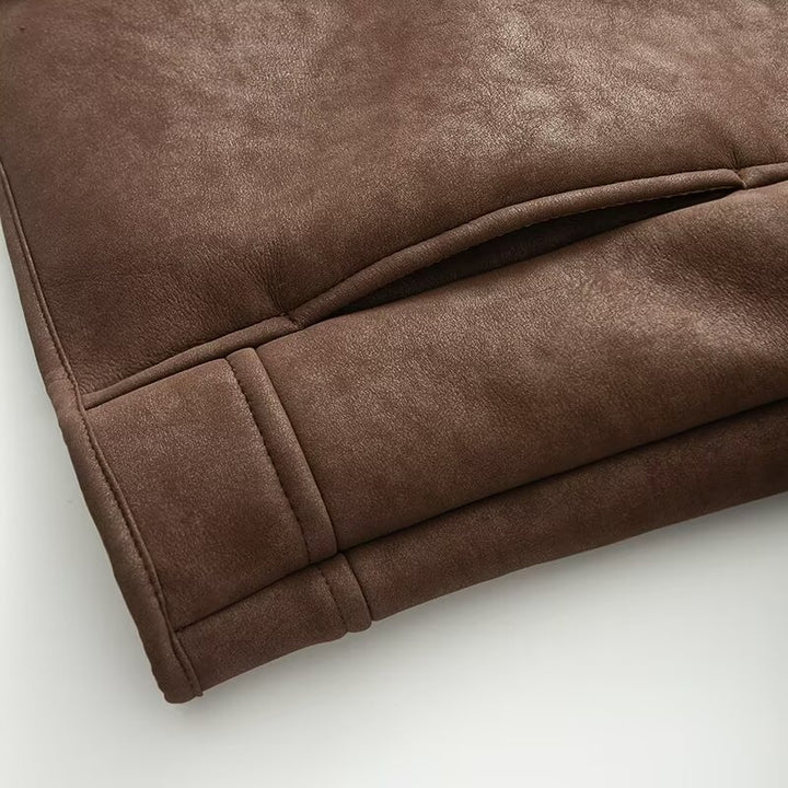 Women's Short Lambskin-Look Jacket with Stand-up Collar and Button Placket Amarae