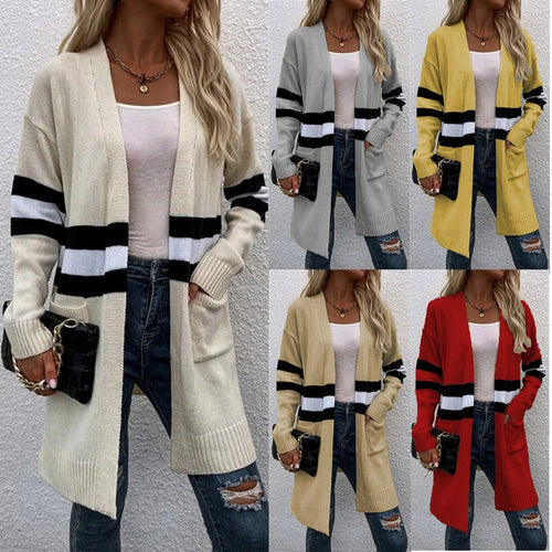 Women Open Knit Sweater with a Modern Striped Pattern and Practical Pockets Amarae