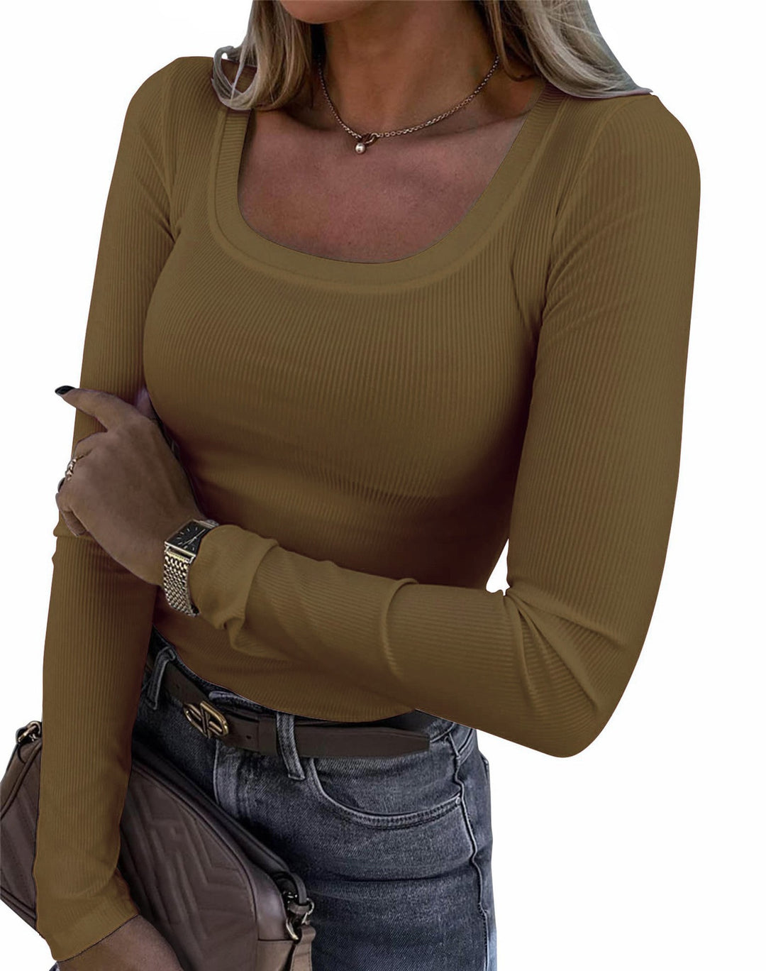 Women’s Long Sleeve Ribbed T-Shirt with Elegant Boat Neck Lune London