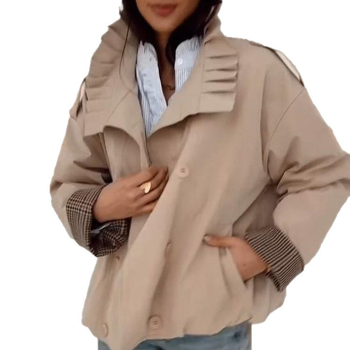 Women's Short Cut Boxy Utility Jacket with Pleated Collar and Check Inner Cuffs Amarae