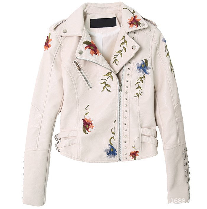 Ladies elegant biker jacket with floral embroidery and studs Amarae