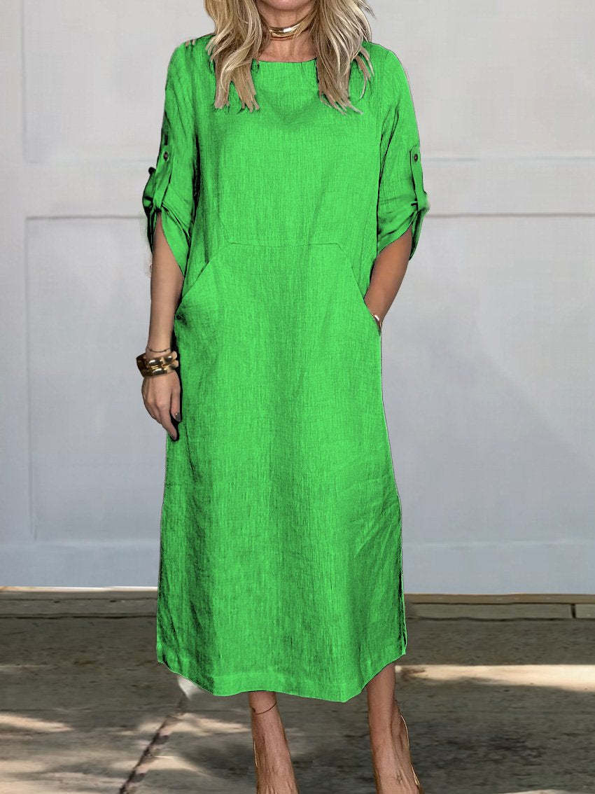 Women Casual Linen Midi Dress with Side Pockets and Roll-Up Sleeves Chic & Stil