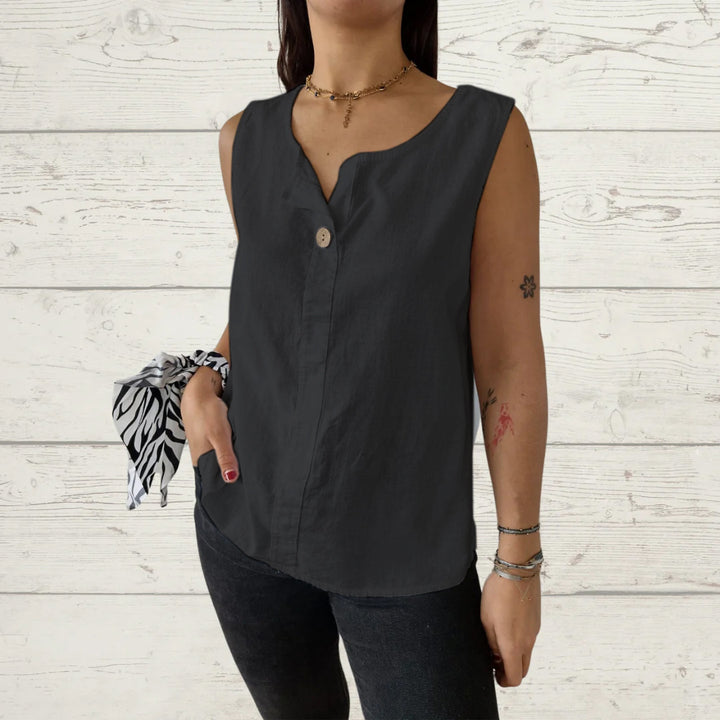 Ladies lightweight linen sleeveless blouse with button details Lune London