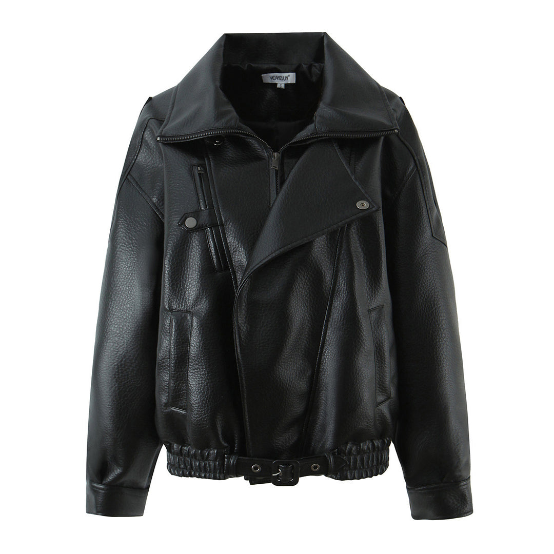Casual faux leather biker jacket for women with practical pockets and elastic belt Lune London