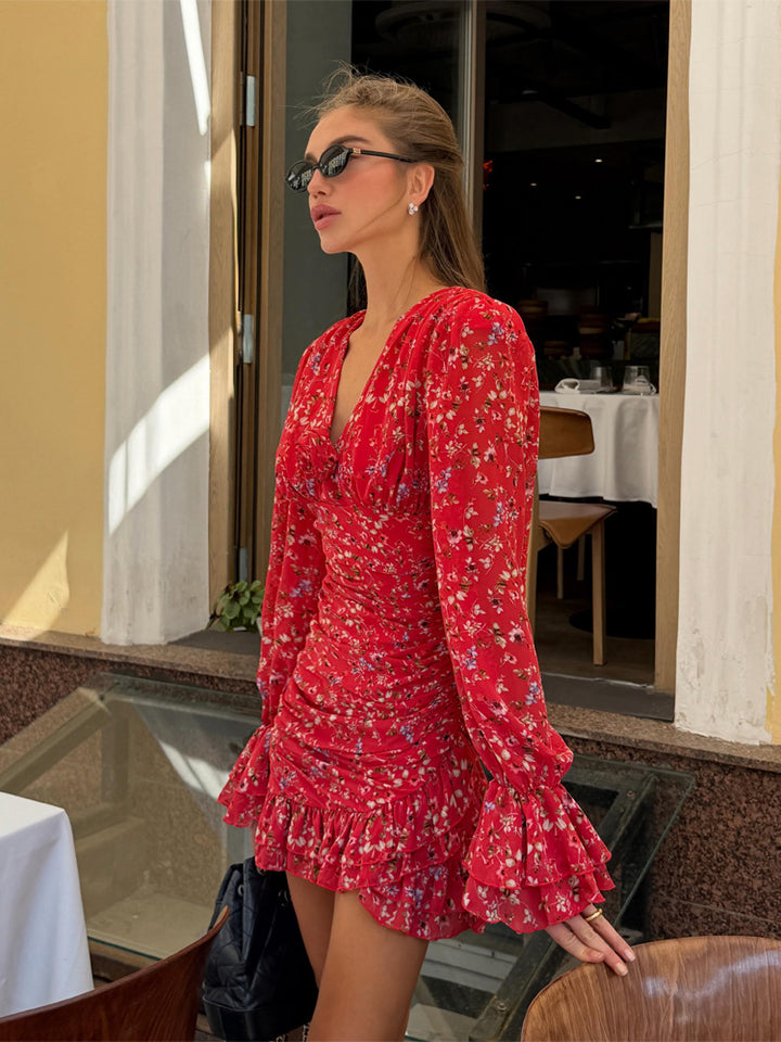 Ladies Tailored Chiffon Mini Dress with Floral Print, Gathered & Ruffle Sleeves Amarae
