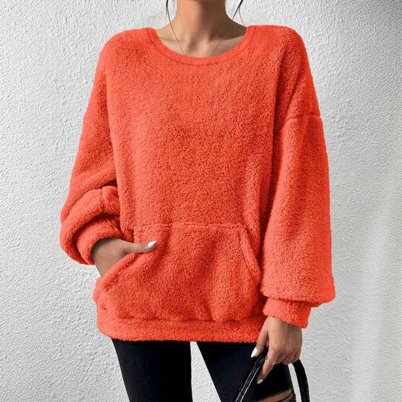 Ladies Cozy Oversized Sherpa Sweater with Kangaroo Pocket and Balloon Sleeves Amarae