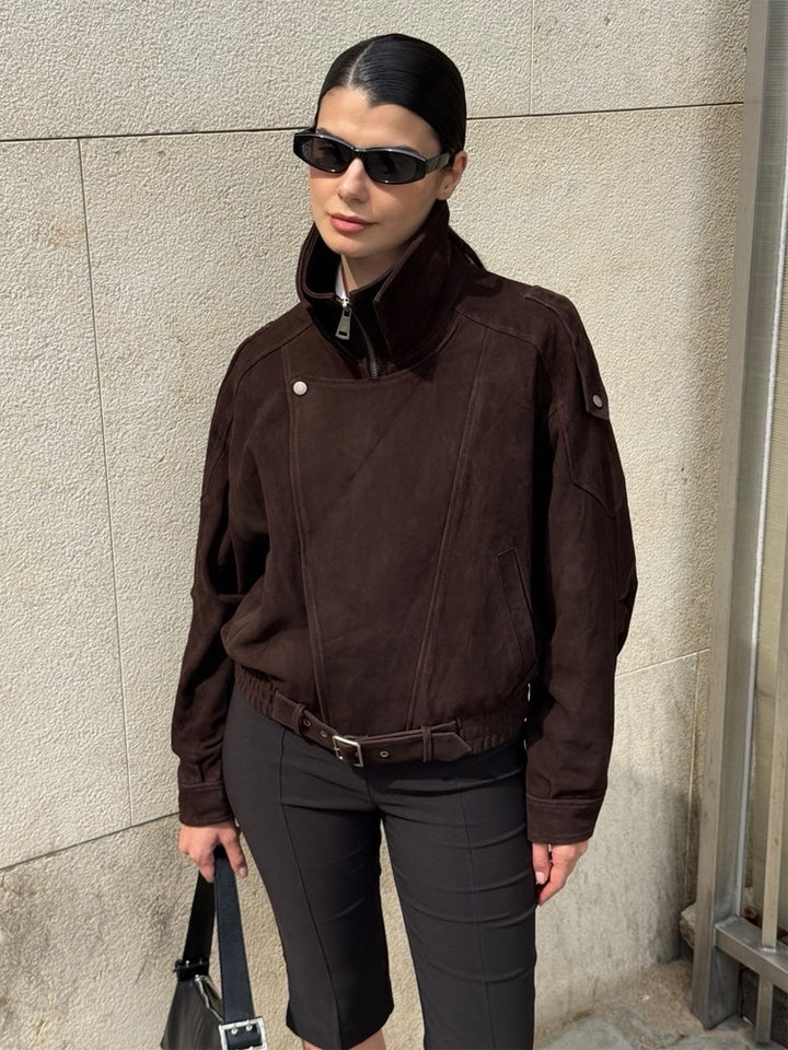 Women Short Velour Leather Bomber Jacket with High Stand-Up Collar and Waist Belt Amarae