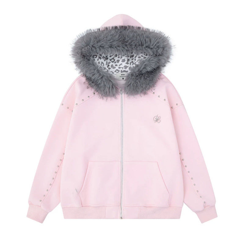Women's hooded sweat jacket with faux fur trim, leopard lining and decorative studs Amarae