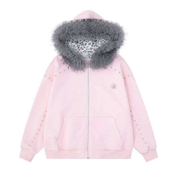 Women's hooded sweat jacket with faux fur trim, leopard lining and decorative studs Amarae