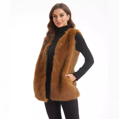 Ladies Soft Synthetic Fur Gilet with Open Design and Side Pockets Amarae
