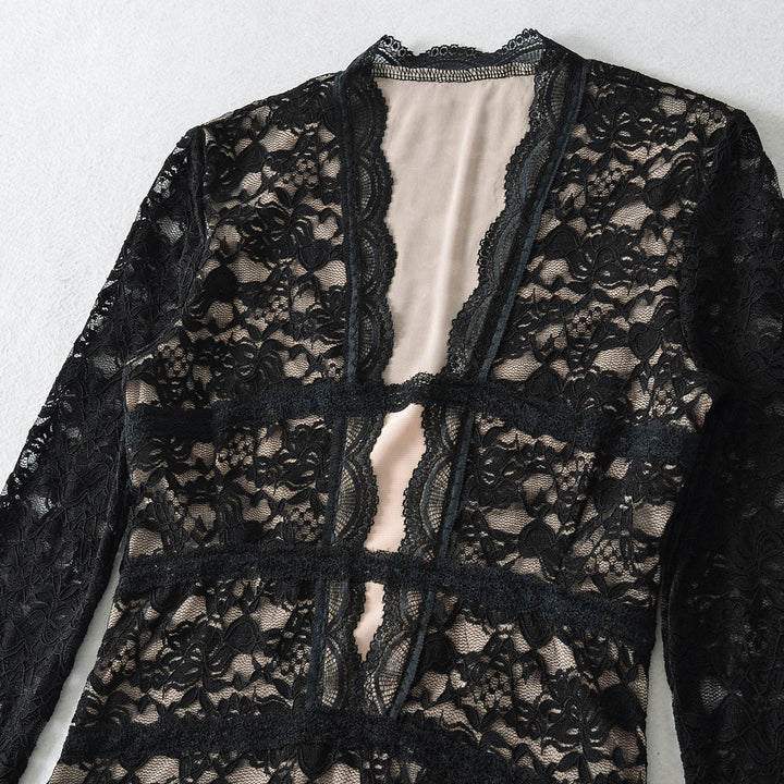 Women's Transparent Lace Blouse with V-Neck, Tailored Inserts and Long Sleeves Amarae