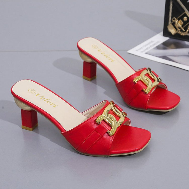 Ladies Mules with Shiny Golden Accent and Comfortable Block Heel Lune London