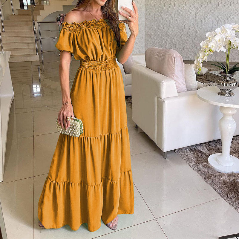Maxi dress for women with off-shoulder design and ruffle Lune London