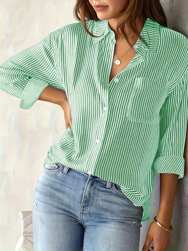 Striped blouse for ladies with a loose fit and practical chest pocket Amarae