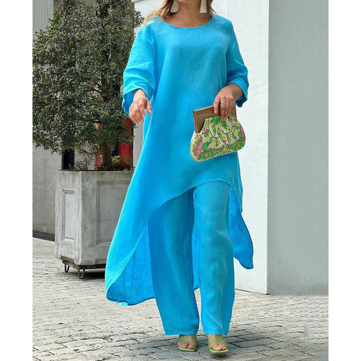Women Lightweight Linen Two-Piece with Asymmetrical High-Low Tunic and Wide Palazzo Pants Amarae