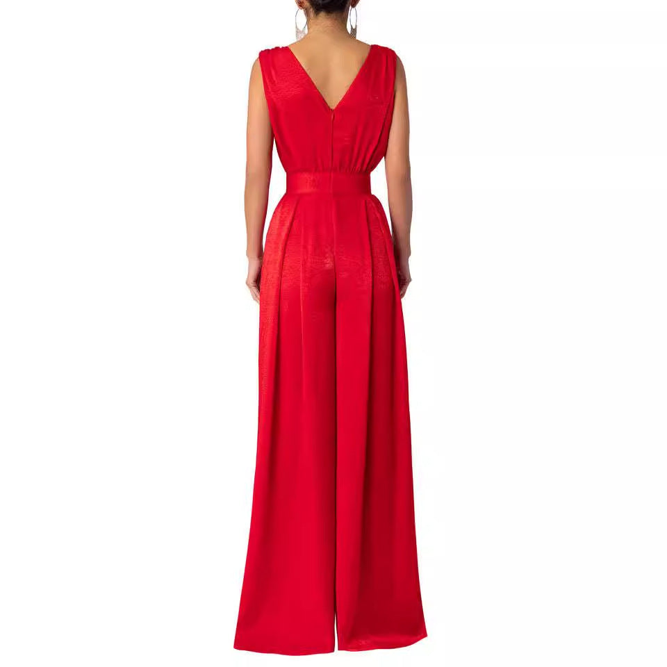 Ladies Jumpsuit with Deep V-Neck and Wide Cut Leg Lune London