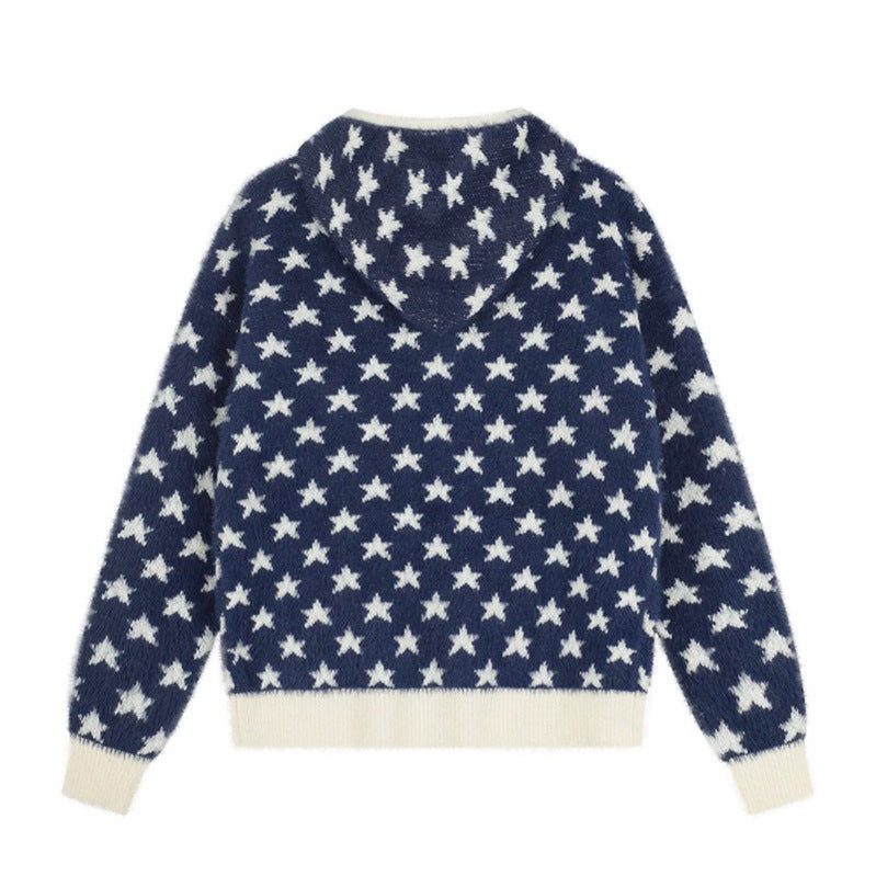 Women Fluffy Knit Zip Jacket with Allover Star Pattern, Kangaroo Pockets and Ribbed Cuffs Amarae