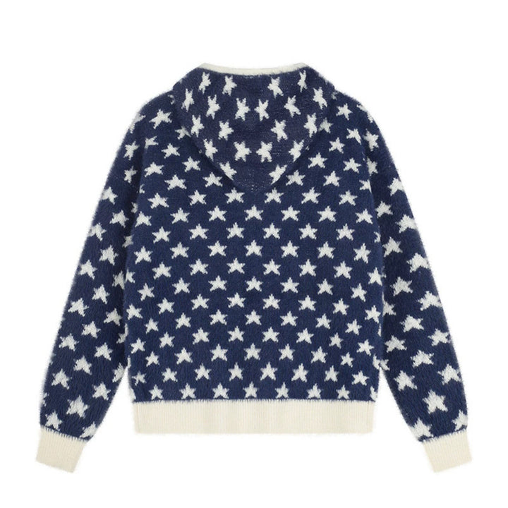 Women Fluffy Knit Zip Jacket with Allover Star Pattern, Kangaroo Pockets and Ribbed Cuffs Amarae