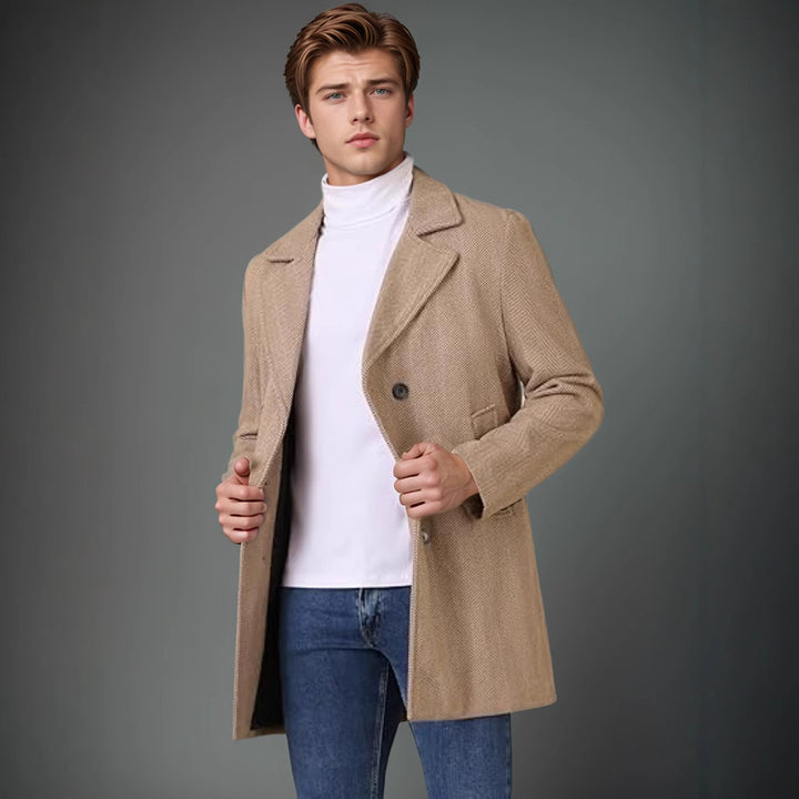 Elegant double-breasted coat for men with textured herringbone pattern Lune London