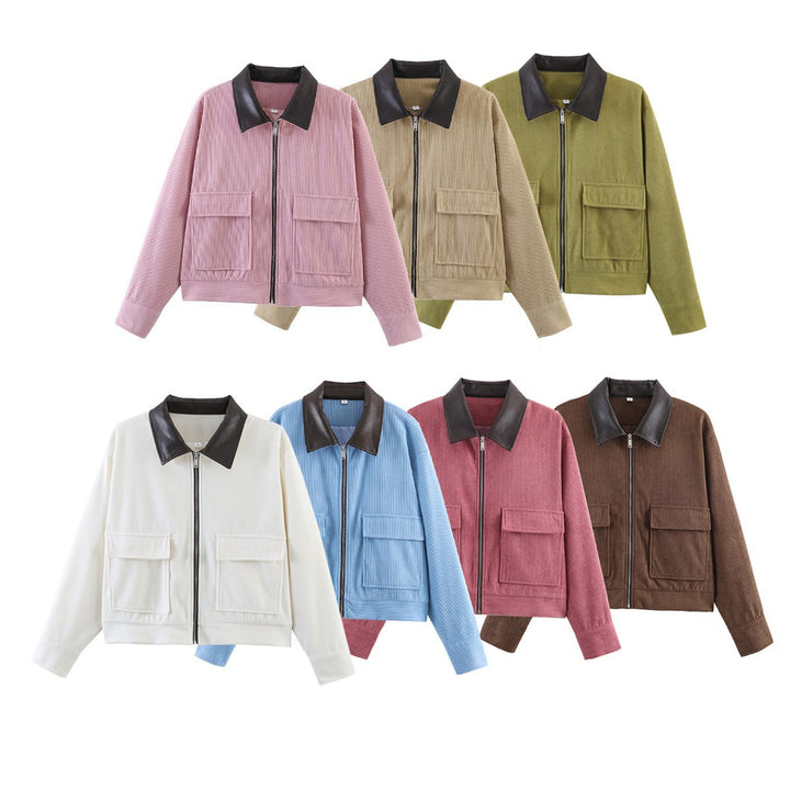 Ladies short-cut cord jacket with lapel collar made of faux leather and patch flap pockets Amarae