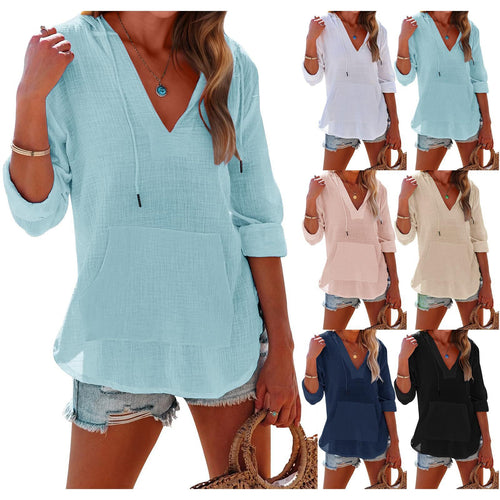 Ladies casual hoodie with V-neck, kangaroo pocket, and rolled sleeves Amarae