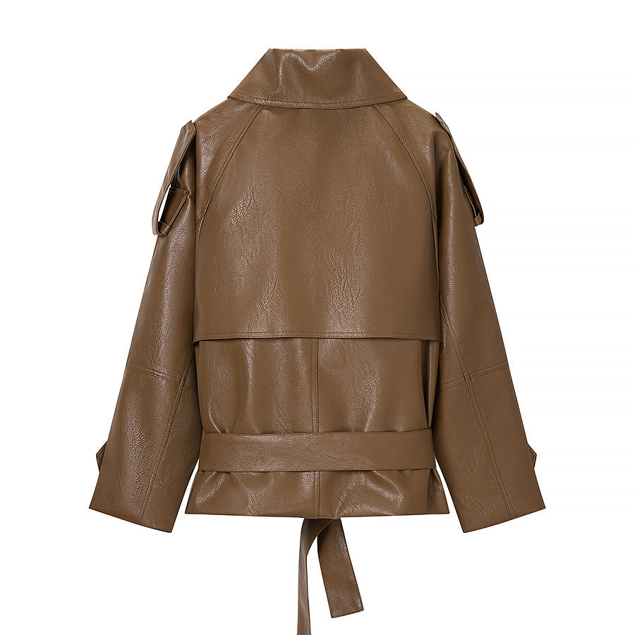 Women's Short Double-Breasted Faux Leather Trench with Waist Tie Belt Amarae