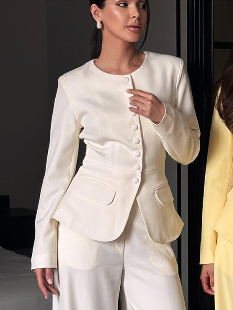 Women's Tailored Blazer with Round Neckline, Decorative Fabric Buttons and Flap Pockets Amarae