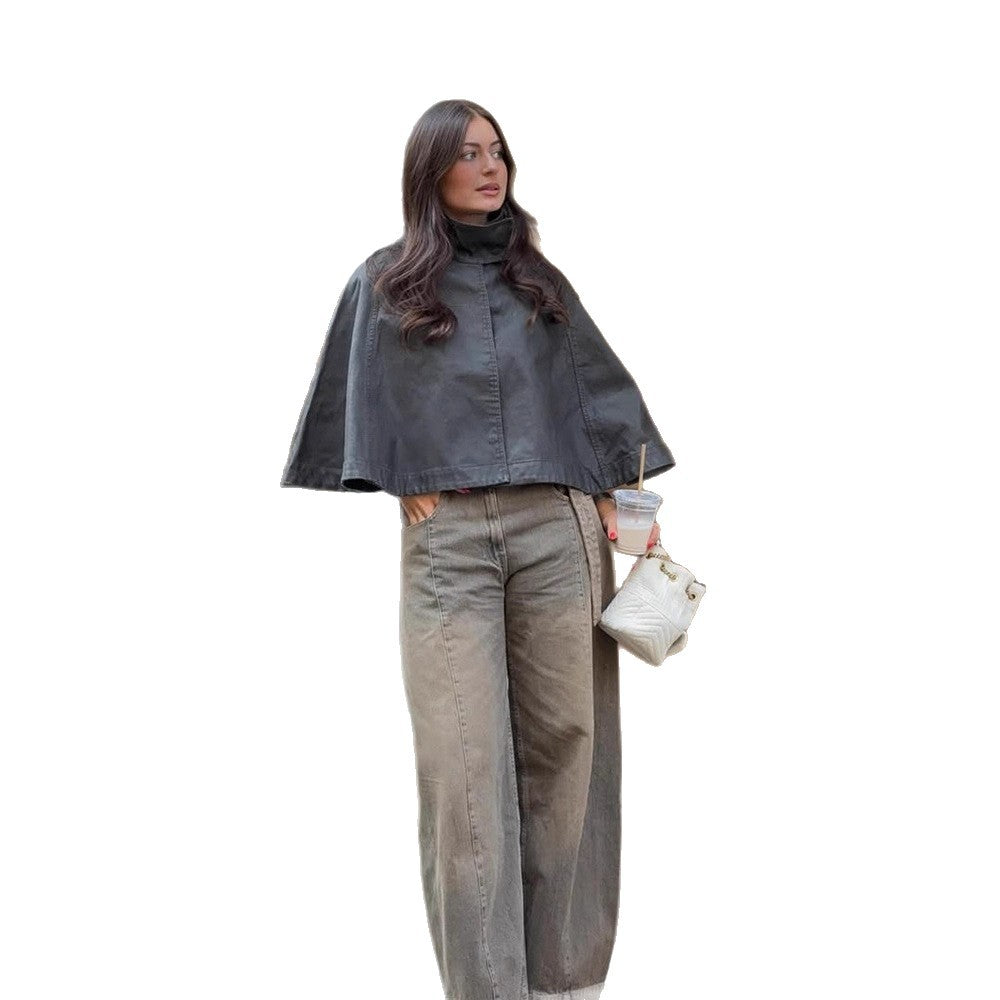 Women's Short Leather Cape Jacket with High Stand Collar and Boxy Cropped Silhouette Amarae