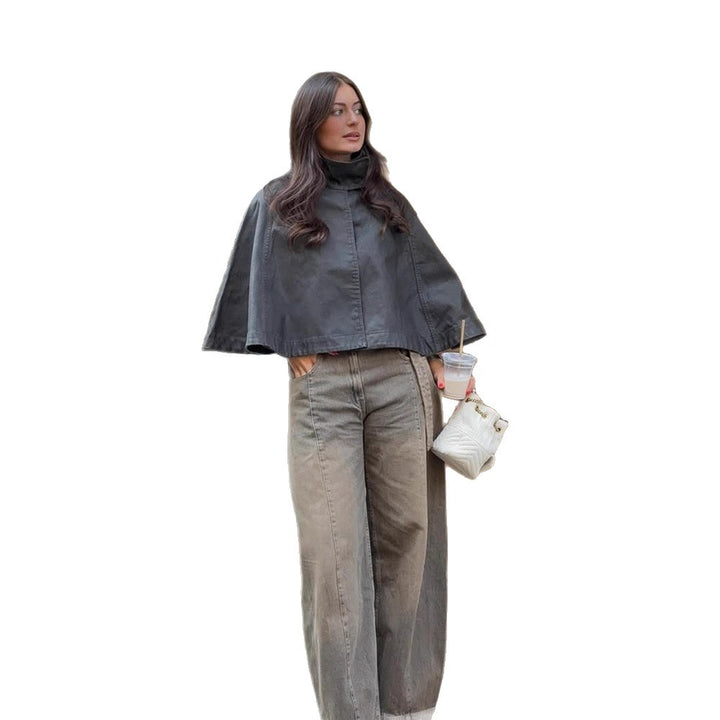 Women's Short Leather Cape Jacket with High Stand Collar and Boxy Cropped Silhouette Amarae