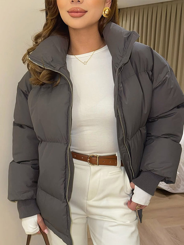 Women Short Tailored Puffer Jacket with Ribbed Cuffs and High Stand-Up Collar Amarae
