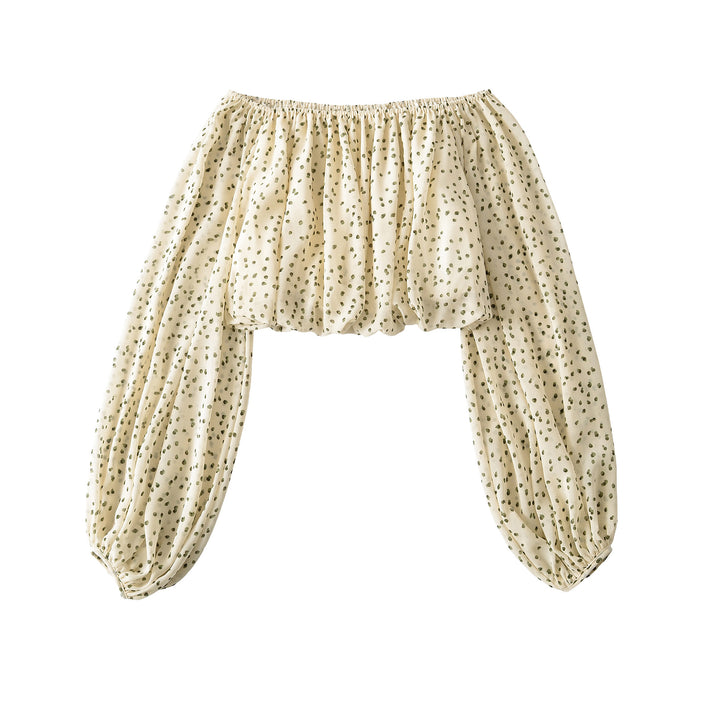 Ladies Carmen Cropped Chiffon Blouse with Elastic, Ruffle Trim and Long Balloon Sleeves Amarae