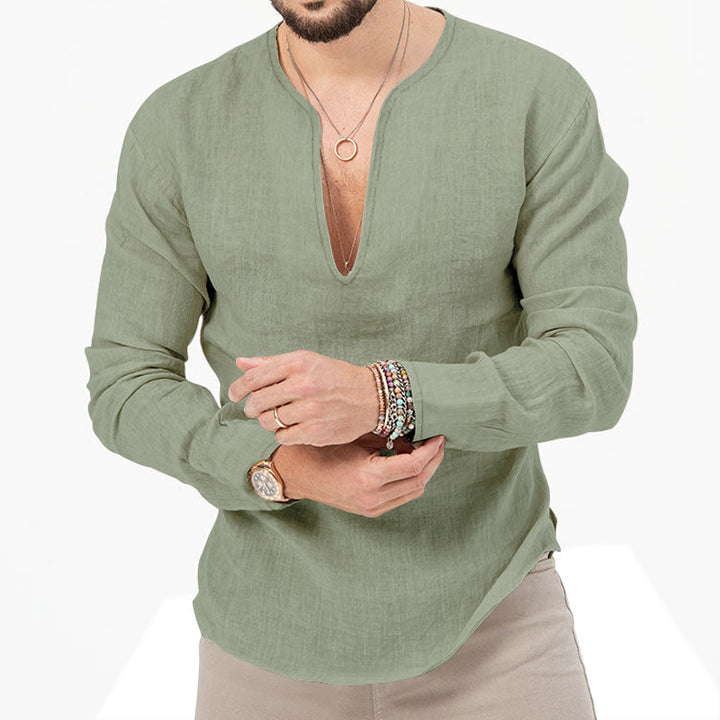 Light linen shirt for men with deep V-neck Lune London