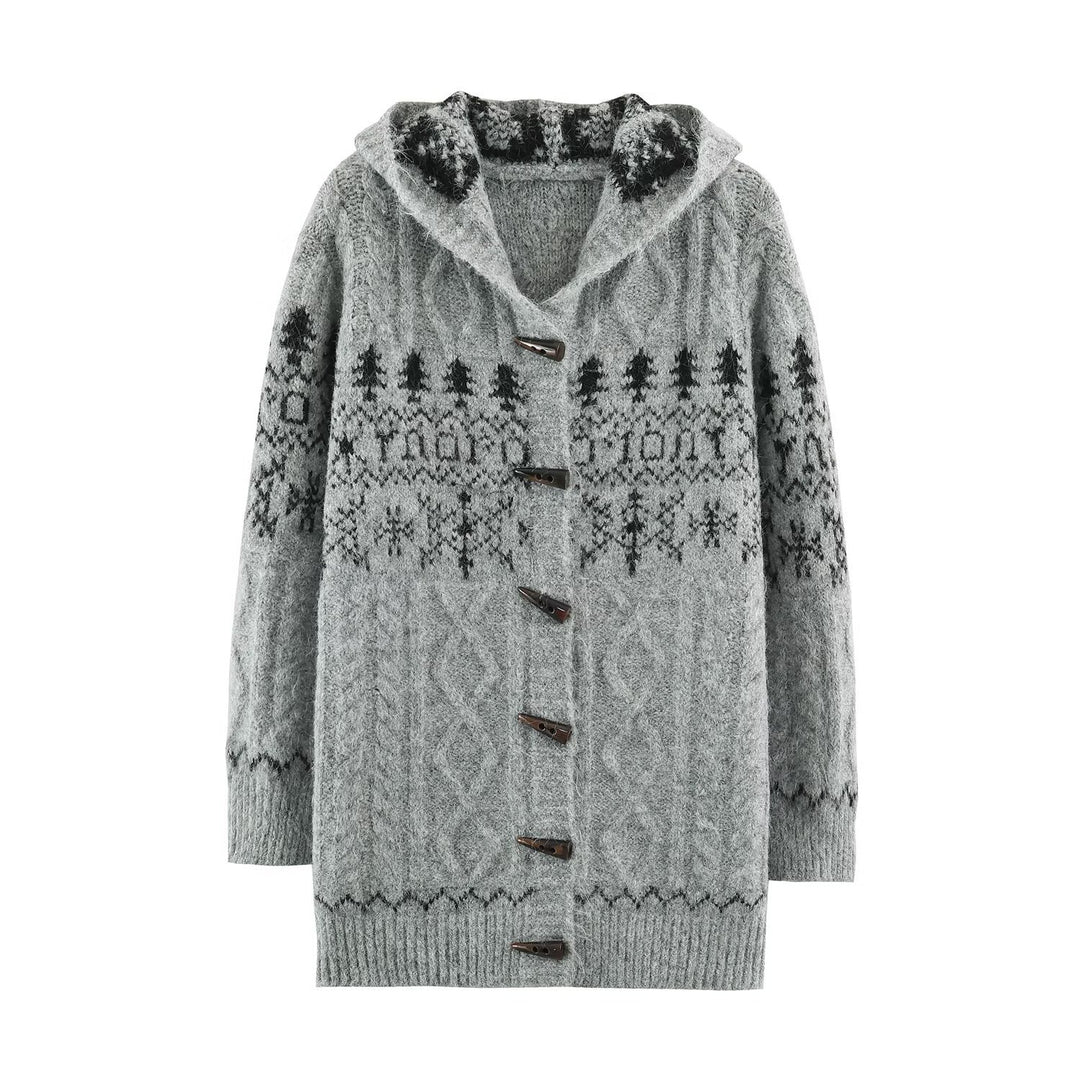 Women's Coarse Knit Hooded Cardigan with Horn Buttons and Norwegian Pattern Amarae