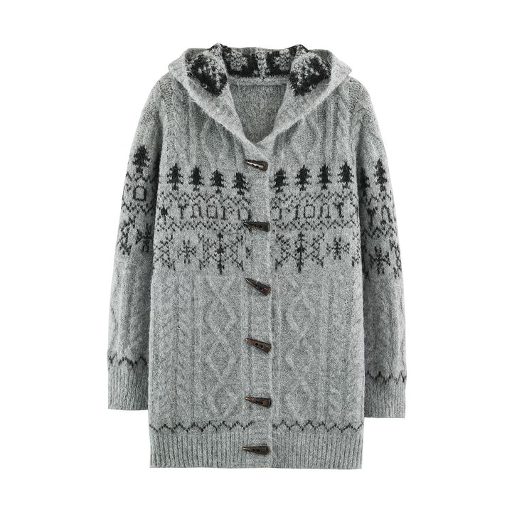 Women's Coarse Knit Hooded Cardigan with Horn Buttons and Norwegian Pattern Amarae
