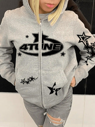 Hooded jacket for women with a striking star print and a zipper Lune London
