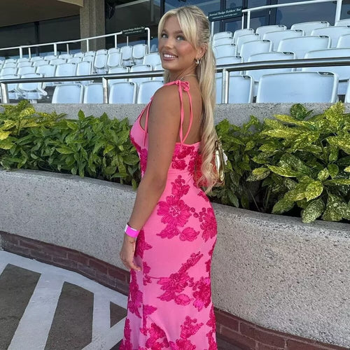 Maxi dress for women with floral lace pattern and adjustable straps Amarae